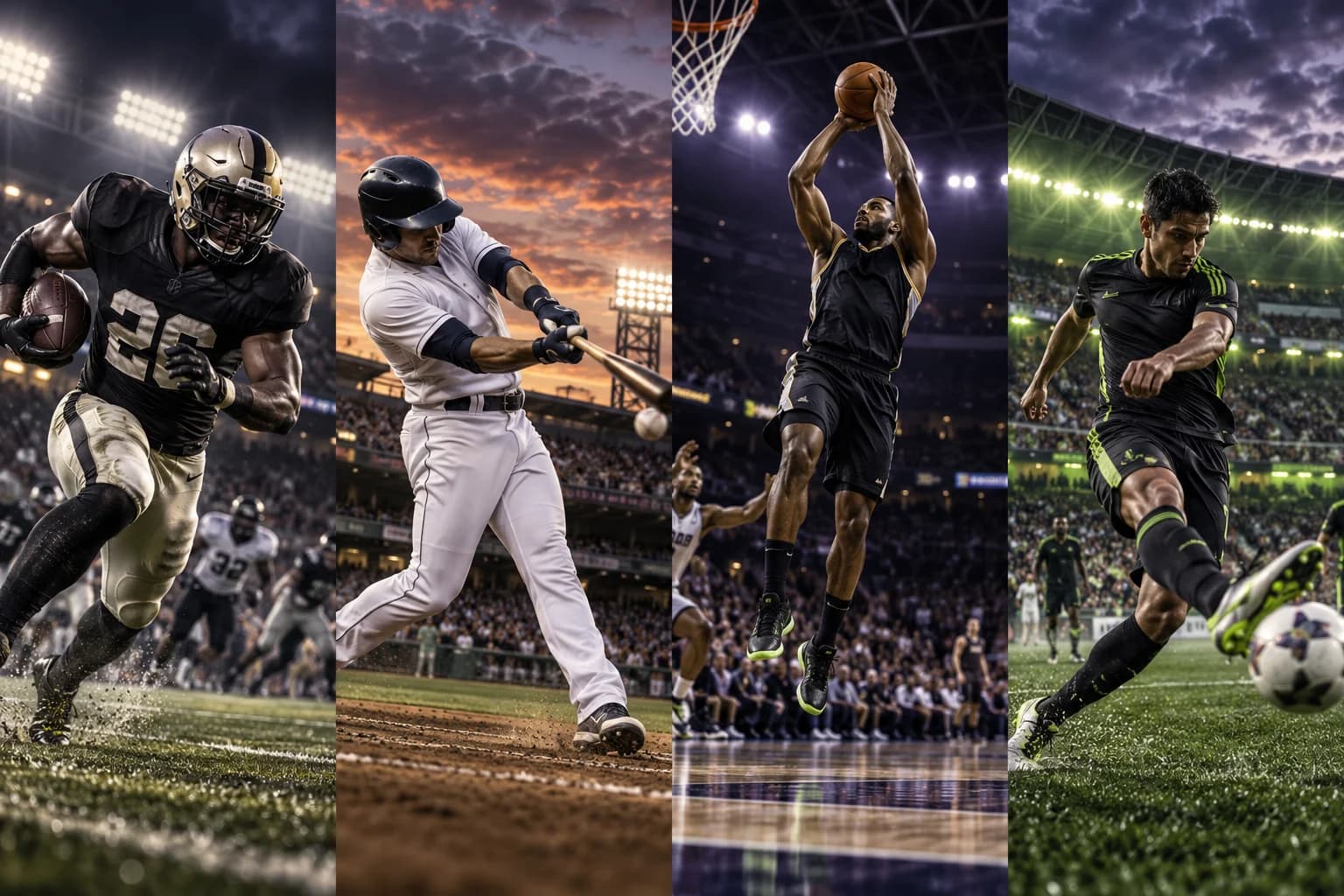 American football, baseball, basketball and soccer in an original sports montage